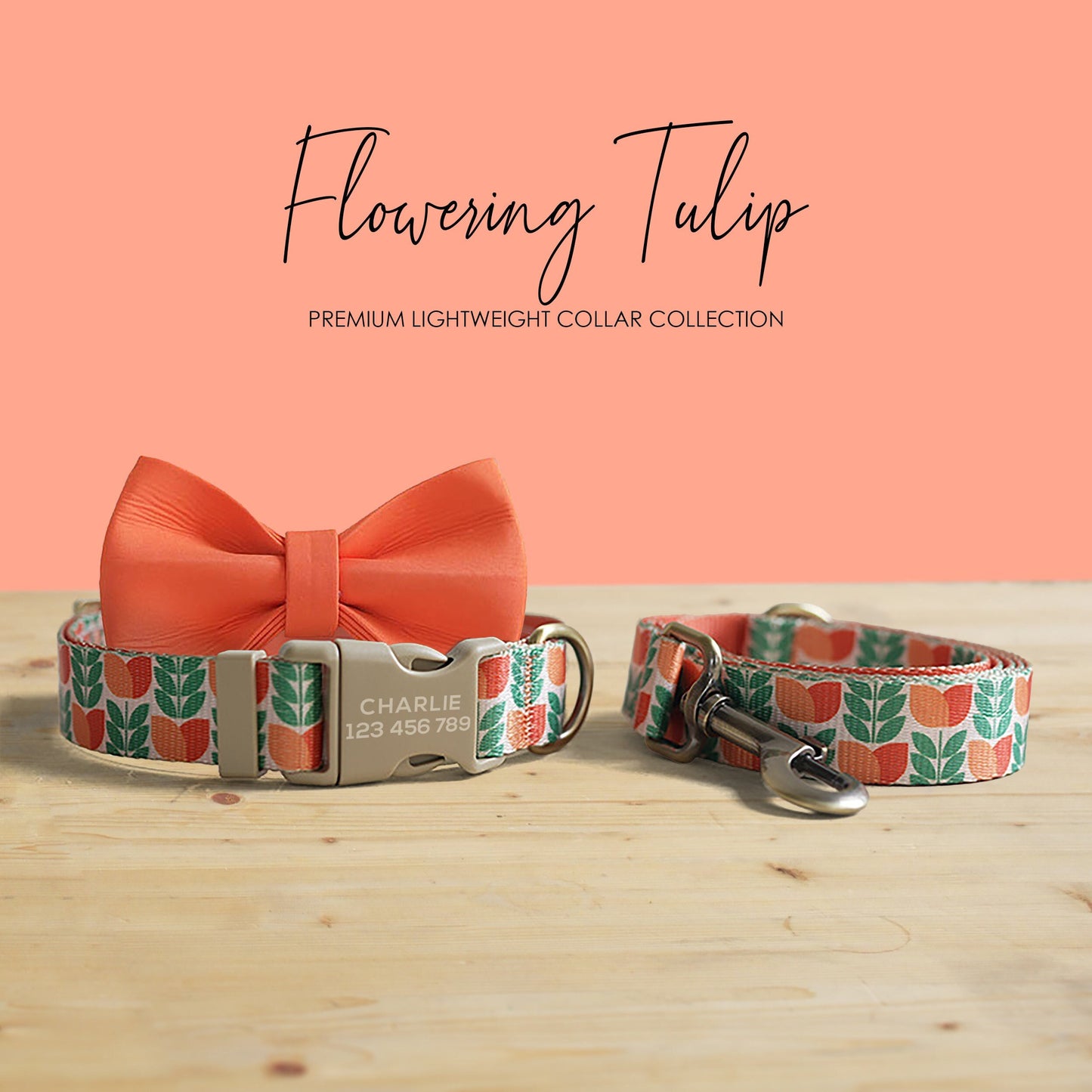 Flowering Tulip Dog Collar, Personalized Engraved Name Buckle, Nylon Leash Set