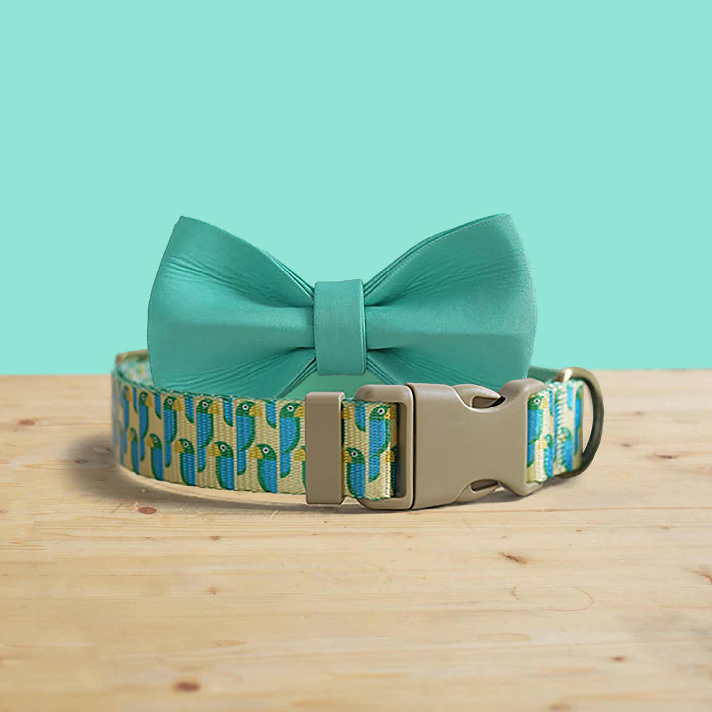 Personalized Green Parrot Dog Collar and Leash Set, Engraved Name Buckle