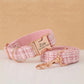 White Dog Collar with Name, Personalized Engraved Bouclé Tweed Dog Collar, Matching Leash Bow Walking Set, Fabric Collar with Gold Buckle