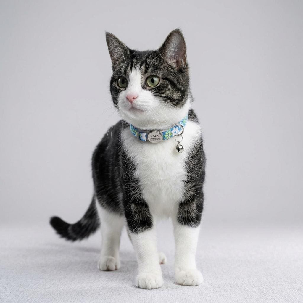 Personalized Cat Collar Safety Buckle | Light Blue Floral Polyester | Adjustable 19-30cm