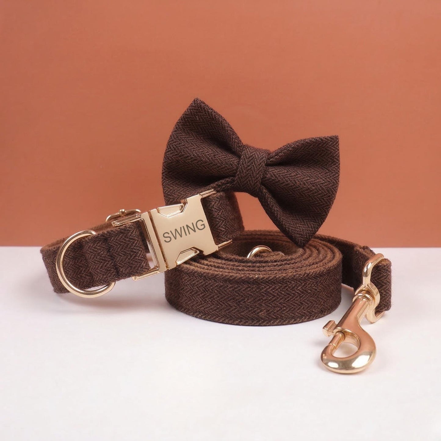 Personalized Brown Tweed Dog Collar and Leash, Engraved Name Pet, Gold Buckle Set