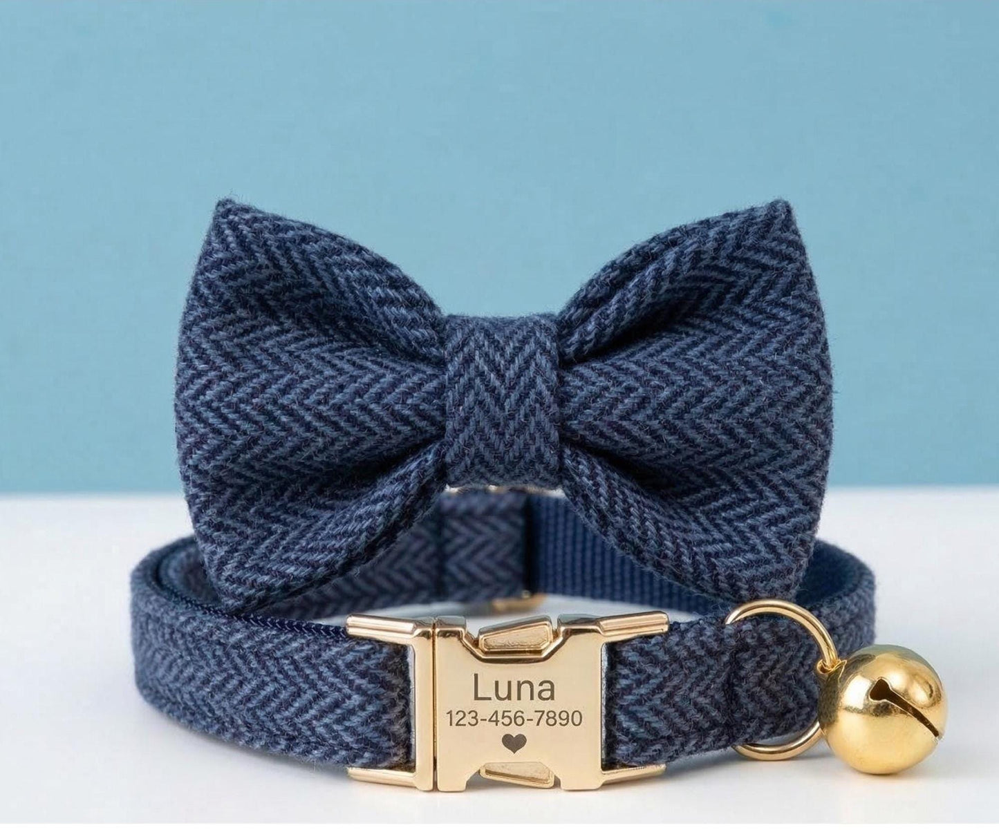 Personalized Tweed Cat Collar, Engraved Name Pet Collar, Gold Buckle, Adjustable Fit