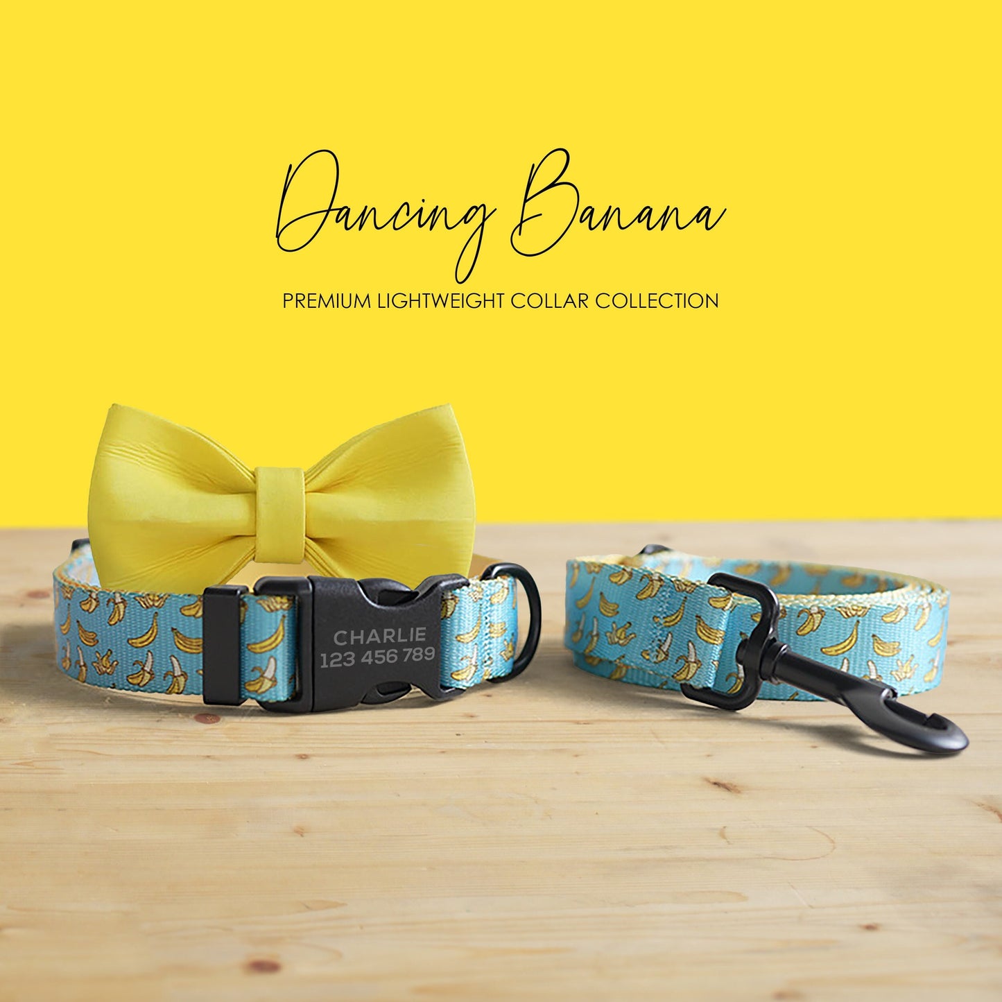 Personalized Dog Collar and Leash Set, Dancing Banana Pattern, Engraved Name Buckle