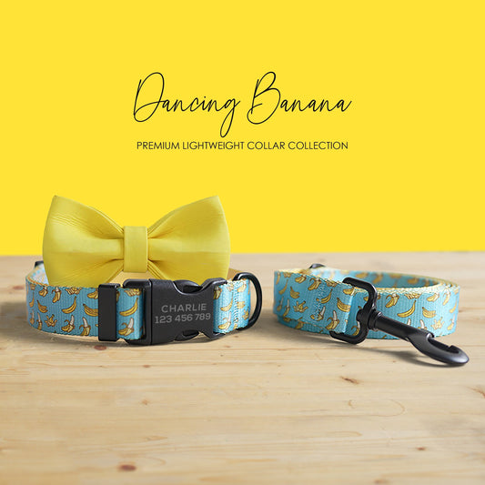 Personalized Dog Collar and Leash Set, Dancing Banana Pattern, Engraved Name Buckle