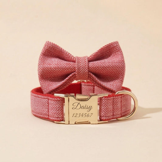 Personalized Red Tweed Dog Collar with Engraved Gold Buckle – Bow Tie Pet Accessory