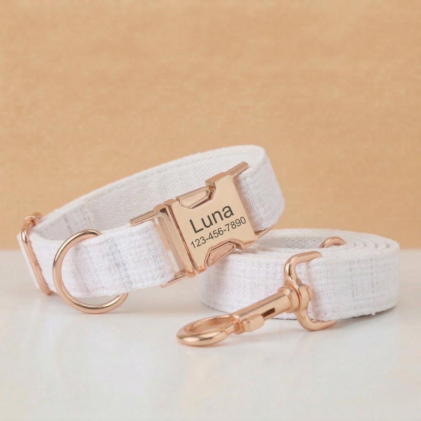 White Dog Collar with Name, Personalized Engraved Bouclé Tweed Dog Collar, Matching Leash Bow Walking Set, Fabric Collar with Gold Buckle