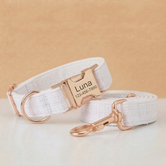 White Dog Collar with Name, Personalized Engraved Bouclé Tweed Dog Collar, Matching Leash Bow Walking Set, Fabric Collar with Gold Buckle