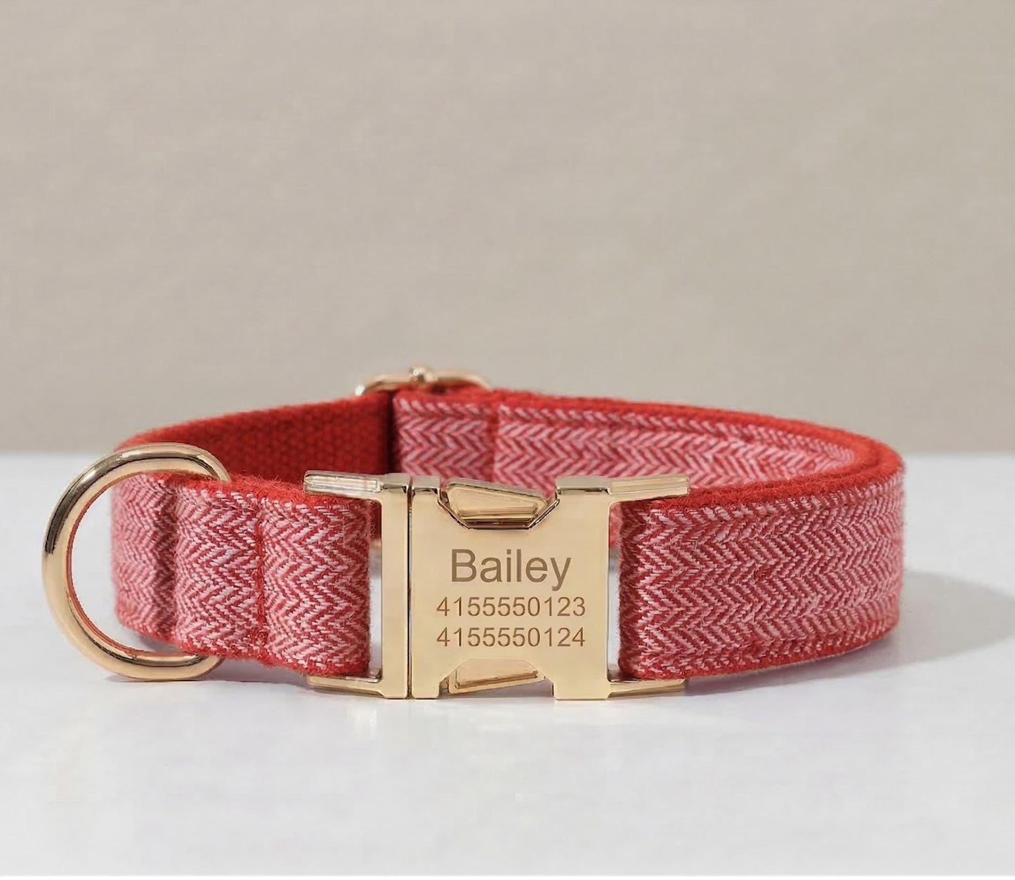Personalized Brown Tweed Dog Collar and Leash, Engraved Name Pet, Gold Buckle Set