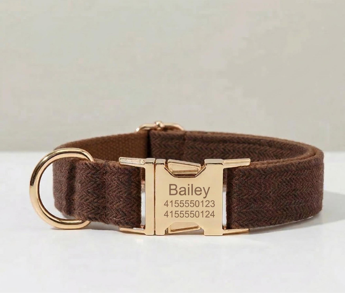 Personalized Brown Tweed Dog Collar and Leash, Engraved Name Pet, Gold Buckle Set