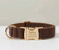 Personalized Brown Tweed Dog Collar and Leash, Engraved Name Pet, Gold Buckle Set