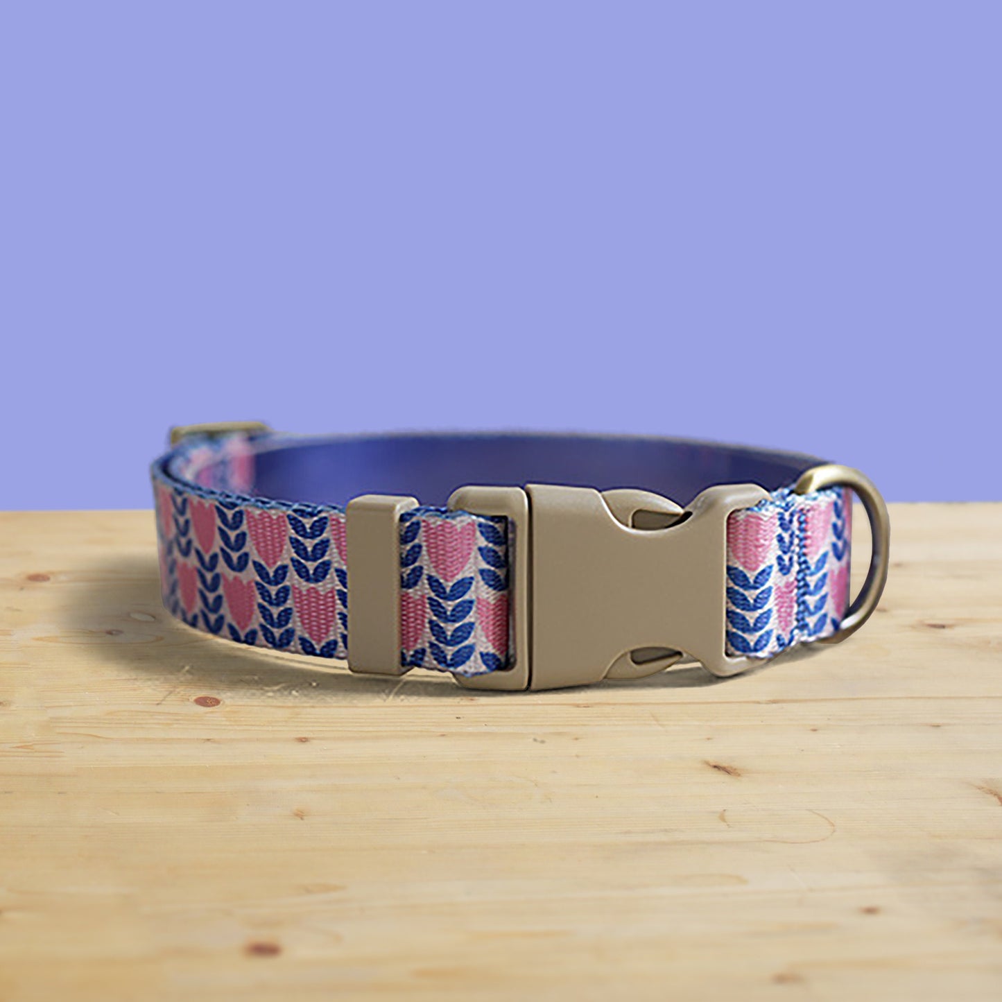 Personalized Blue Tulip Dog Collar and Leash Set, Engraved Name Buckle