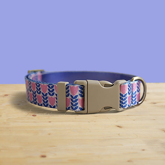 Personalized Blue Tulip Dog Collar and Leash Set, Engraved Name Buckle