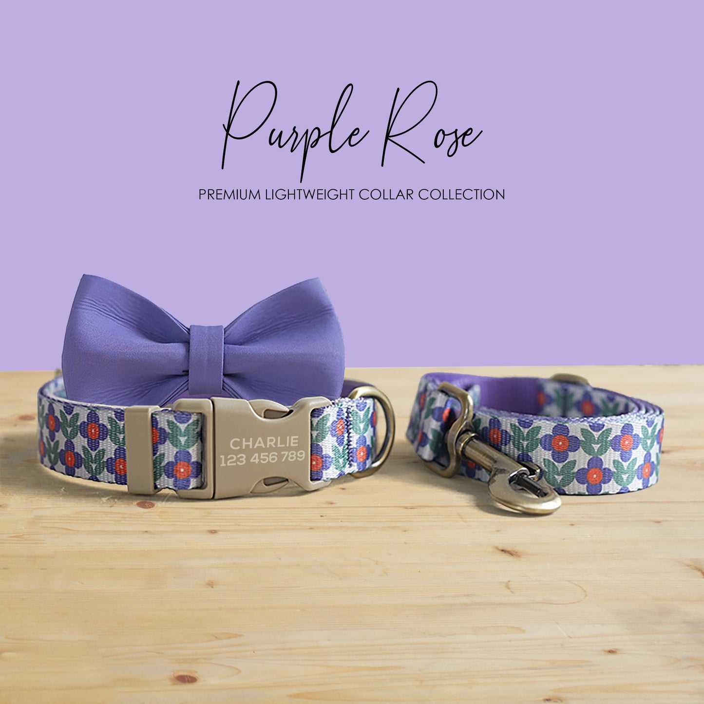 Purple Rose Floral Dog Collar and Leash Set, Personalized Engraved Buckle