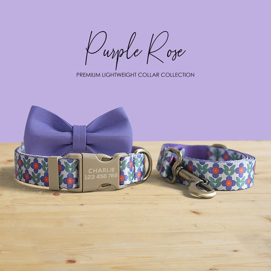 Purple Rose Floral Dog Collar and Leash Set, Personalized Engraved Buckle