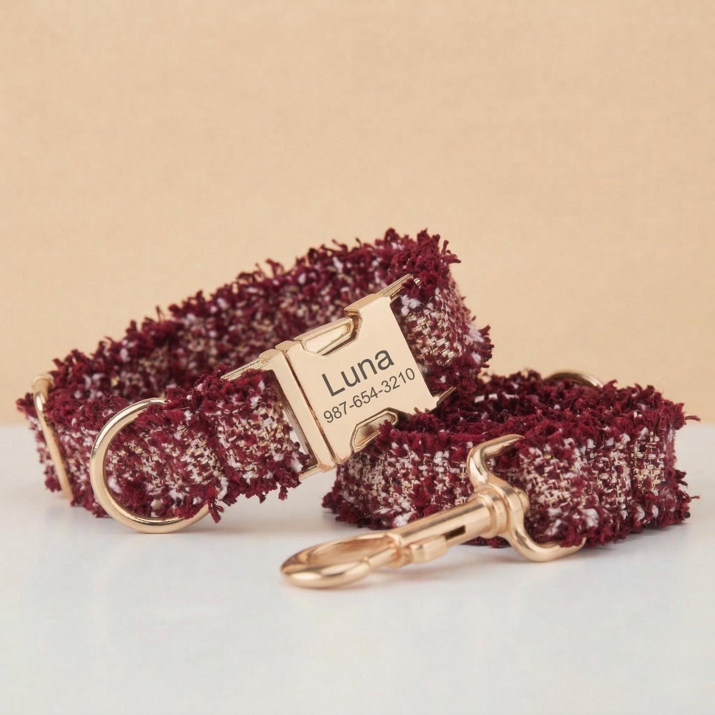 Personalized Tweed Dog Collar Leash Set, Engraved Gold Buckle, Stylish Pet Accessory
