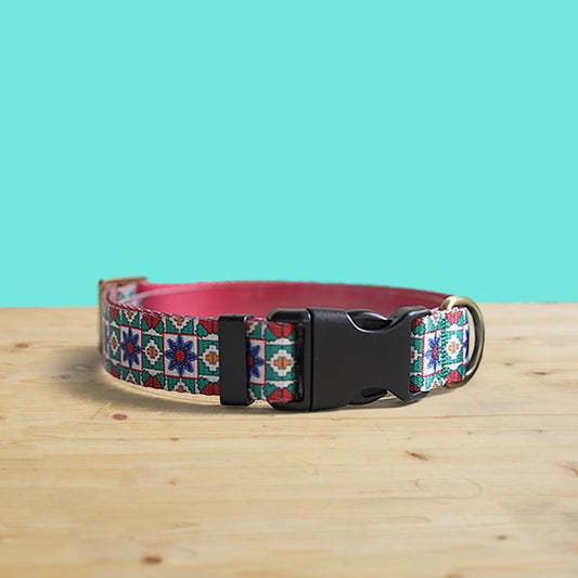 Blue Kaleidoscope Dog Collar, Leash, Personalized Engraved Buckle, Nylon Fabric, Handmade Pet Accessory