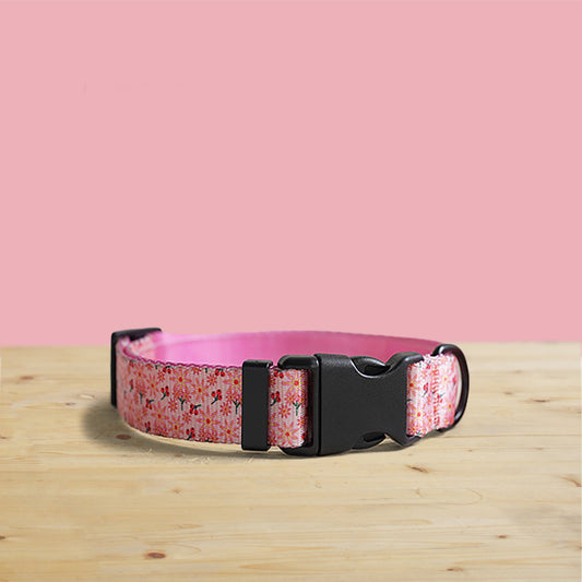 Pink Lily Floral Dog Collar and Leash Set, Personalized Engraved Buckle