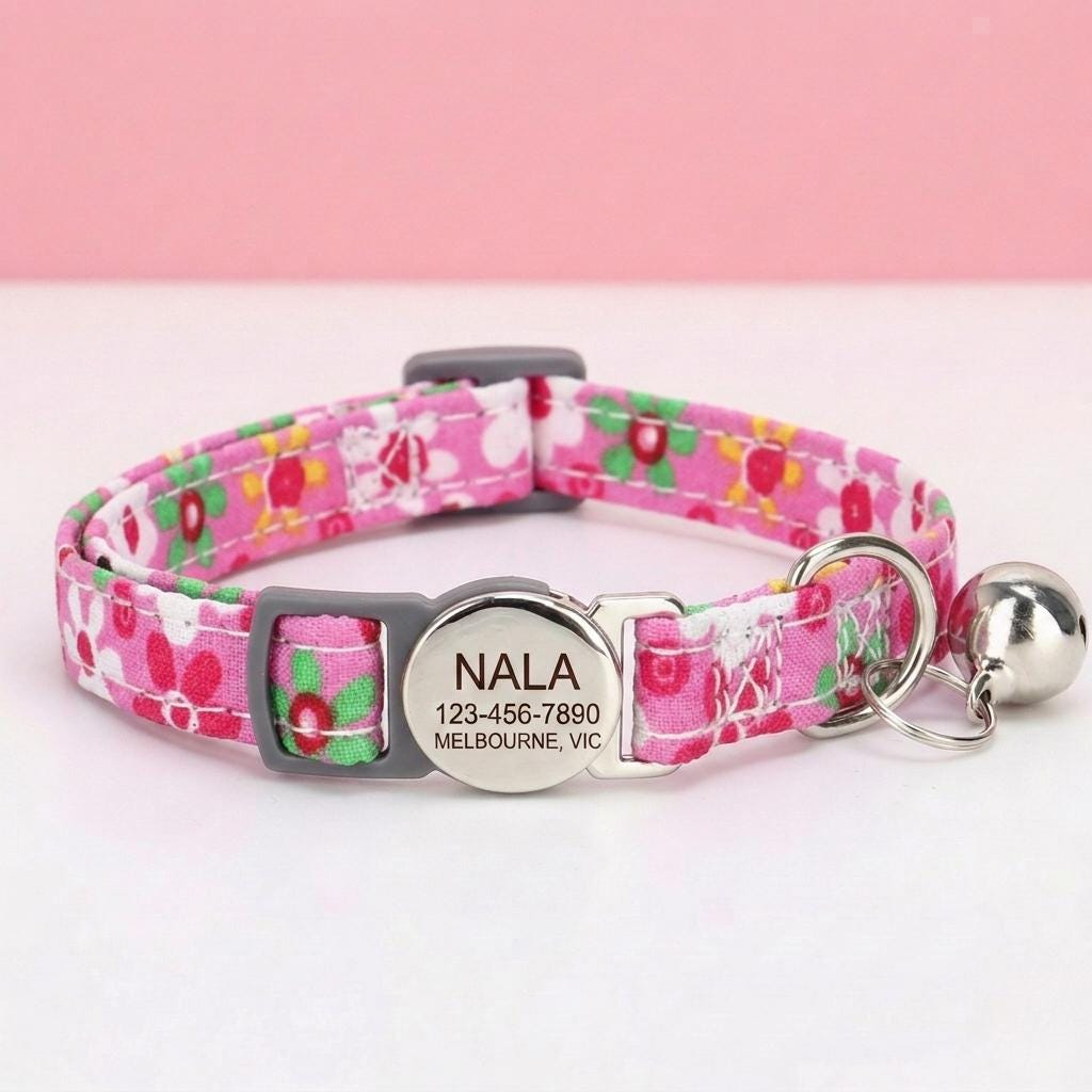 Personalized Cat Collar Safety Buckle | Light Blue Floral Polyester | Adjustable 19-30cm