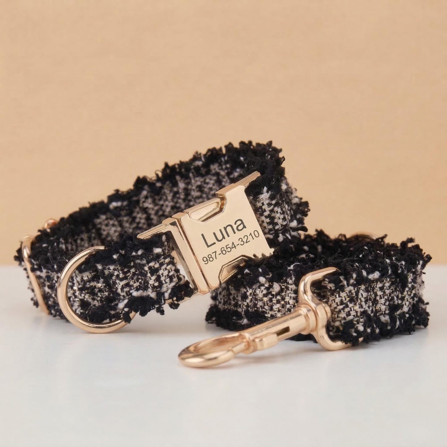 Personalized Tweed Dog Collar, Custom Engraved Gold Buckle, Dark Blue Pet Accessory