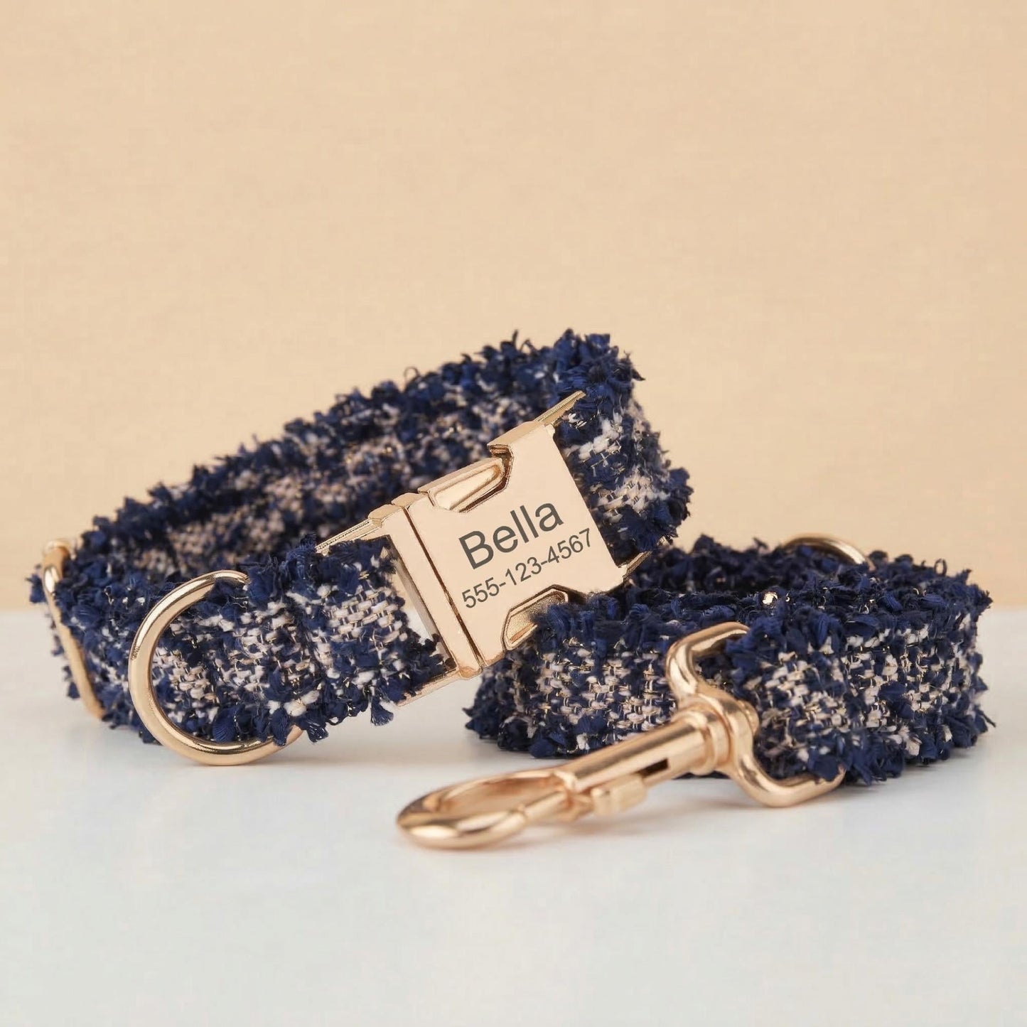 Personalized Tweed Dog Collar, Custom Engraved Gold Buckle, Dark Blue Pet Accessory