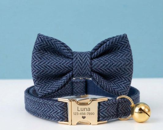 Personalized Tweed Cat Collar, Engraved Gold Buckle, Adjustable Pet Safety Accessory