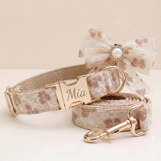 Custom Lace Dog Collar | Wedding Pet Accessory | Beige Nylon | Small to Large