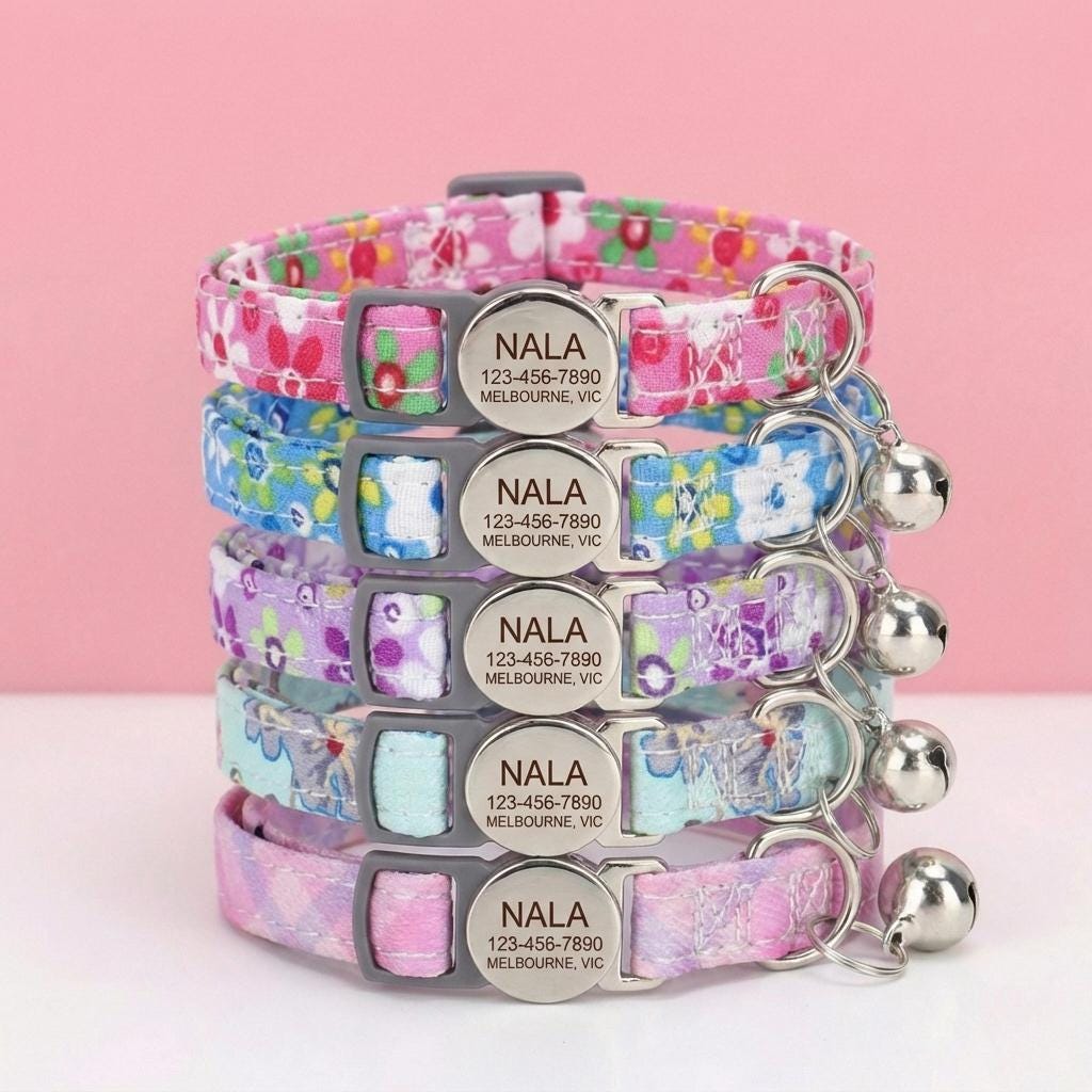 Personalized Floral Cat Collar, Engraved ID Tag, Breakaway Buckle, Adjustable Kitten Collar