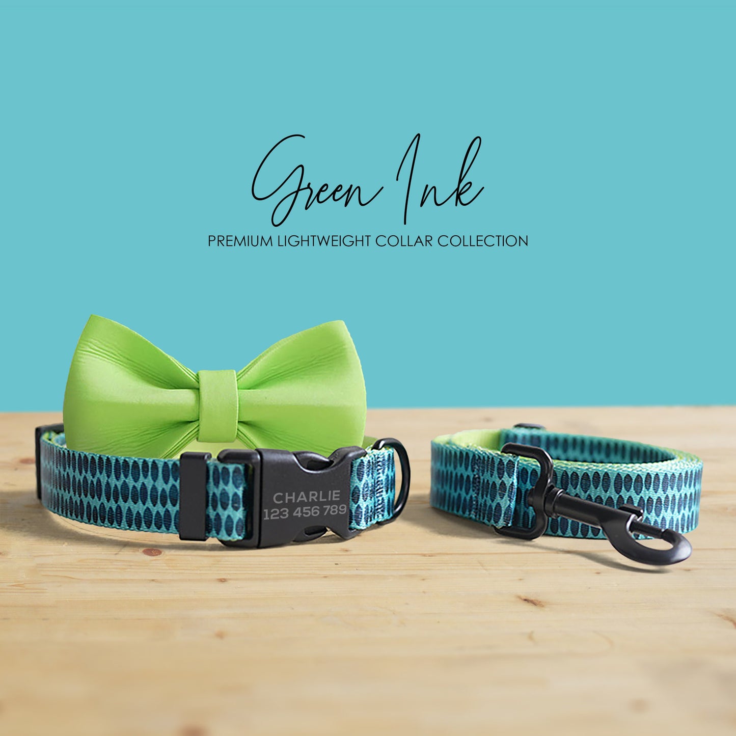 Personalized Green Ink Dog Collar and Leash Set, Engraved Name Buckle