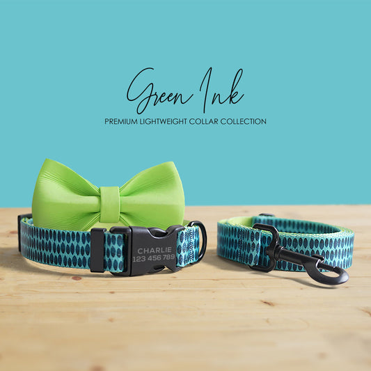 Personalized Green Ink Dog Collar and Leash Set, Engraved Name Buckle