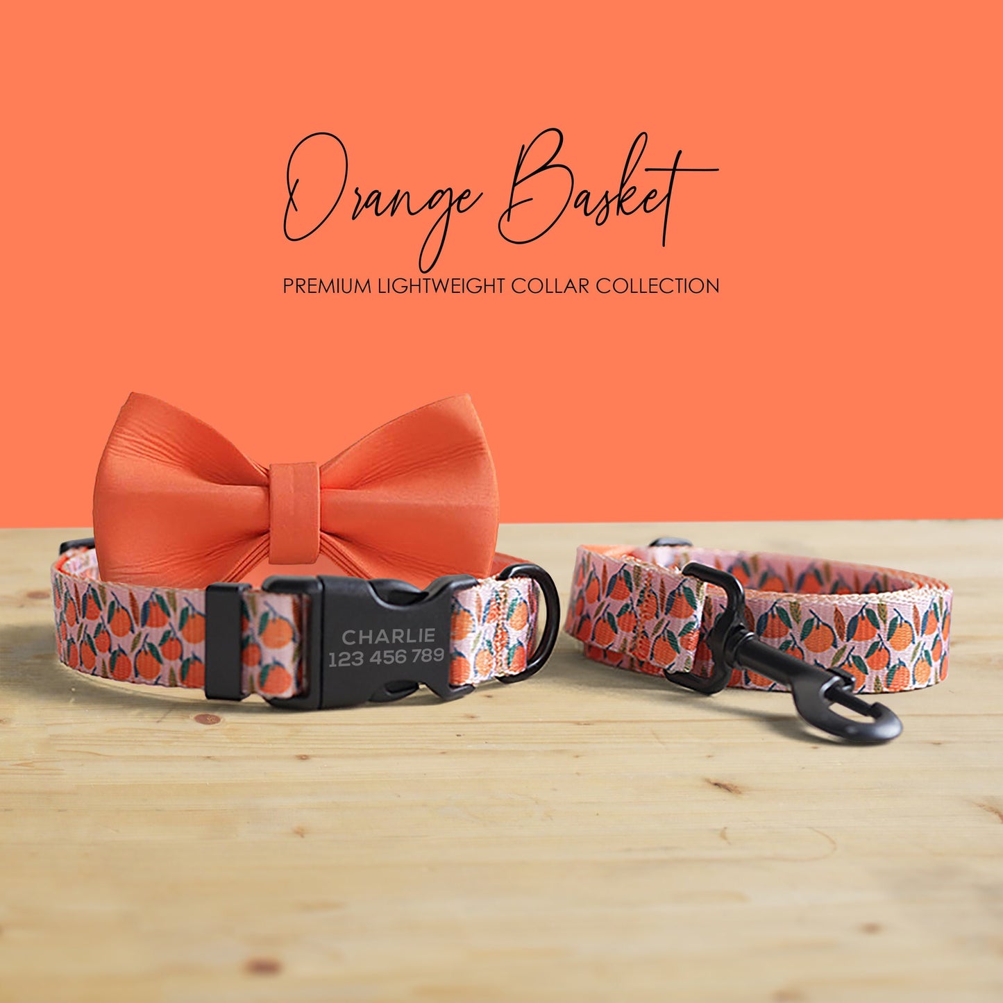 Orange Basket Dog Collar and Leash Set, Personalized Engraved Name Buckle