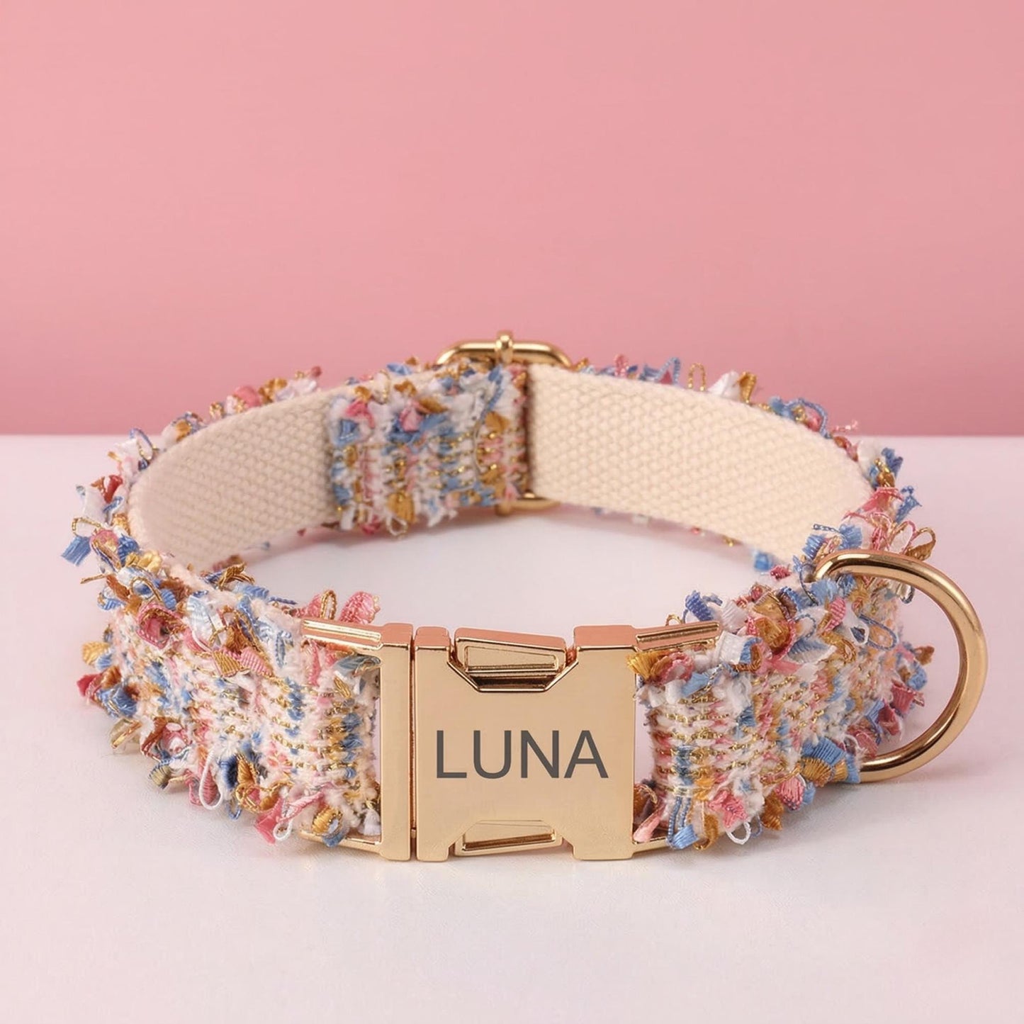 Personalized Tweed Dog Collar, Custom Engraved Gold Buckle, Dark Blue Pet Accessory