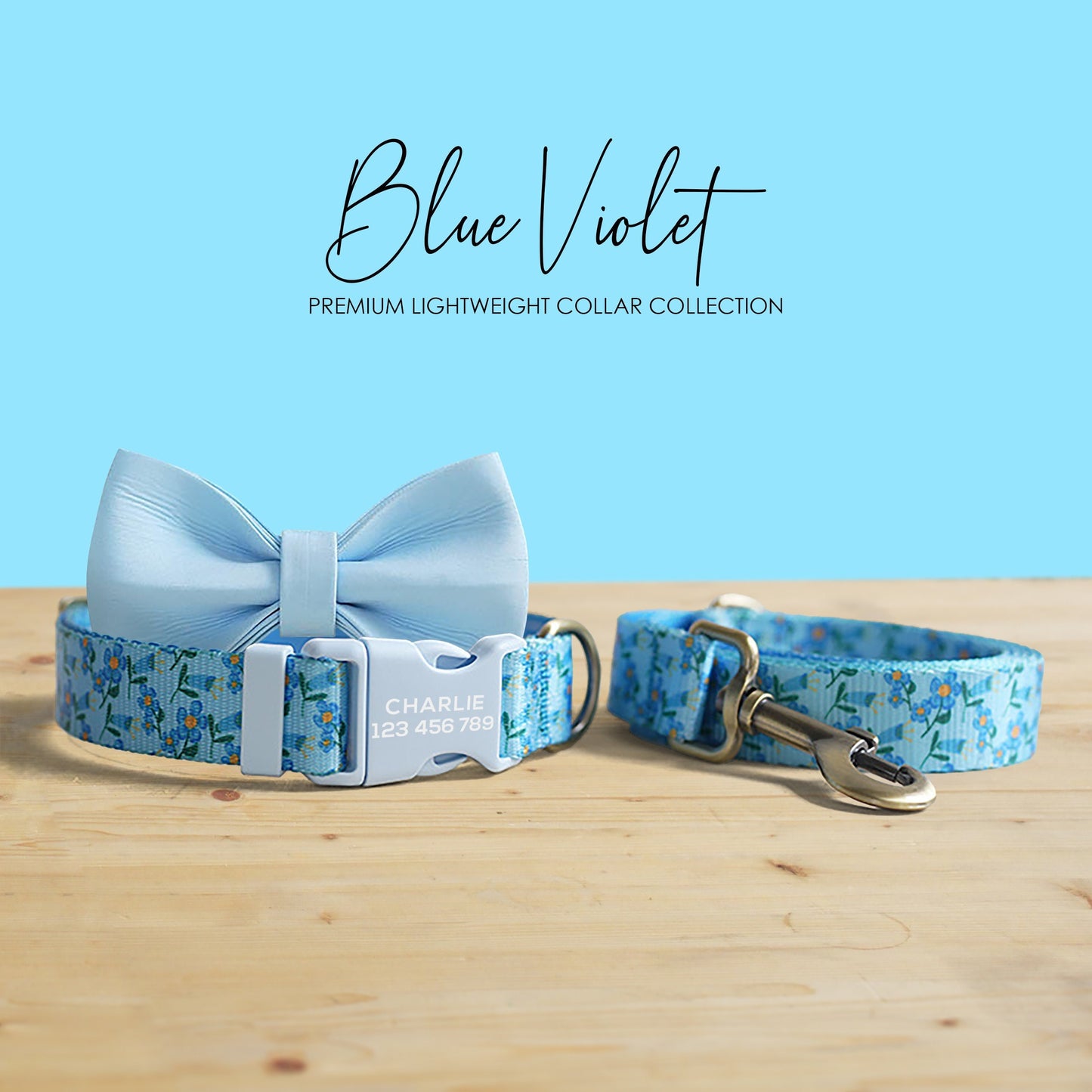 Blue Violet Floral Dog Collar and Leash Set, Personalized Name Buckle