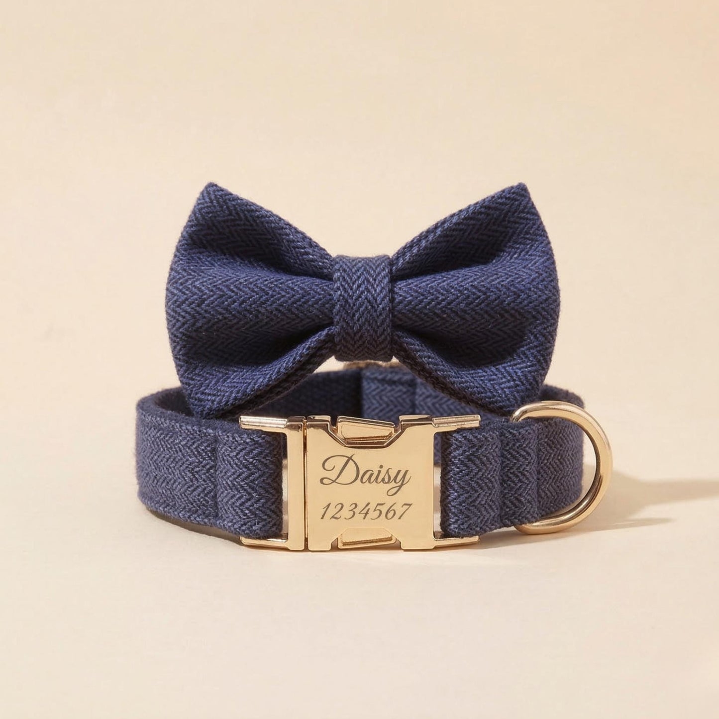Personalized Brown Tweed Dog Collar and Leash, Engraved Name Pet, Gold Buckle Set