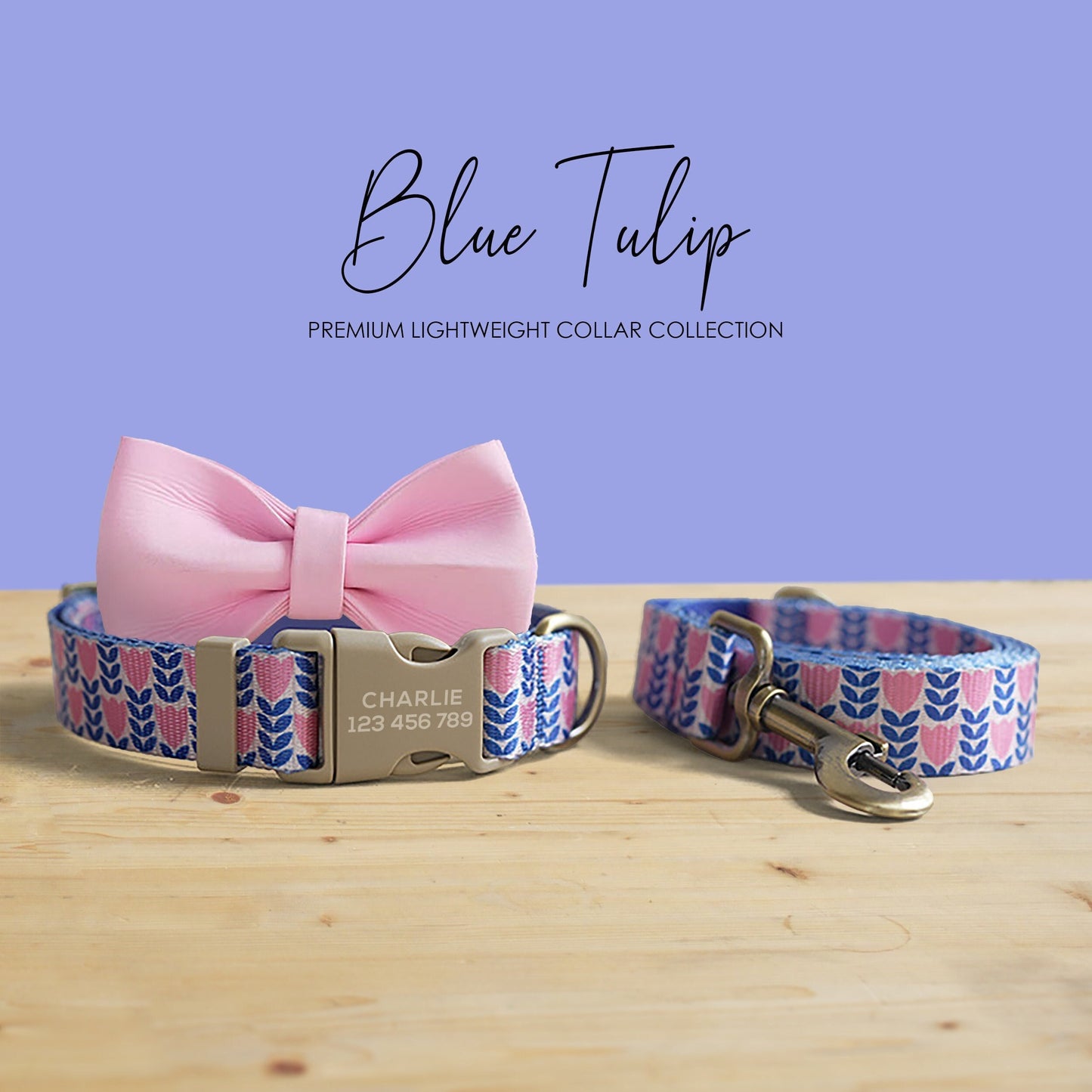 Personalized Blue Tulip Dog Collar and Leash Set, Engraved Name Buckle