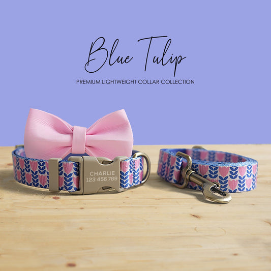 Personalized Blue Tulip Dog Collar and Leash Set, Engraved Name Buckle