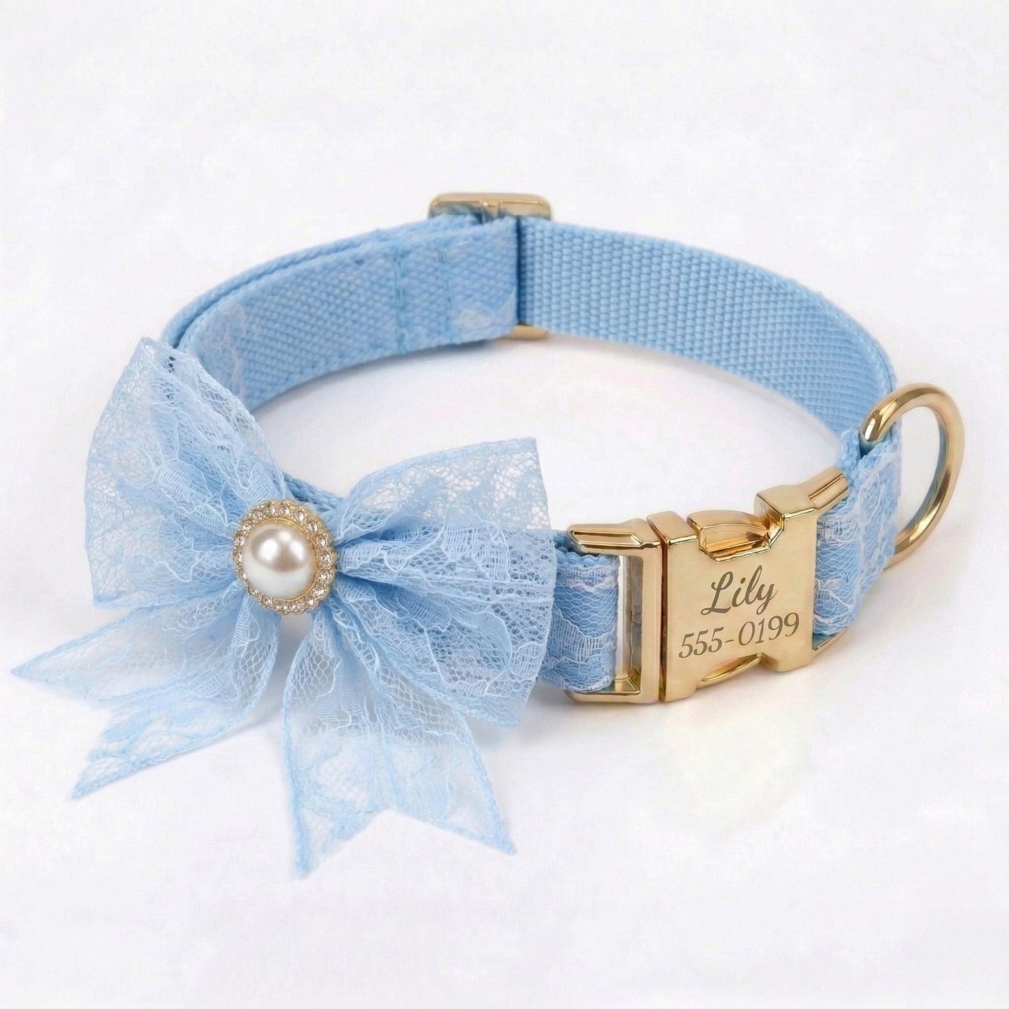 Personalized Pink Lace Dog Collar with Engraved Buckle, Bowtie Leash Set