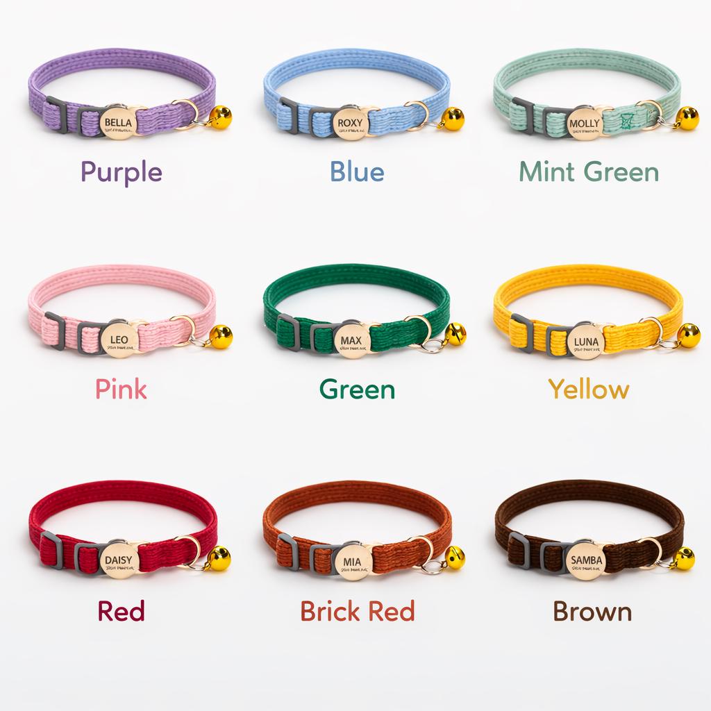 Custom Breakaway Safety Buckle, Personalized Corduroy Multi Solid Color Cat Collar with Bell, Adjustable