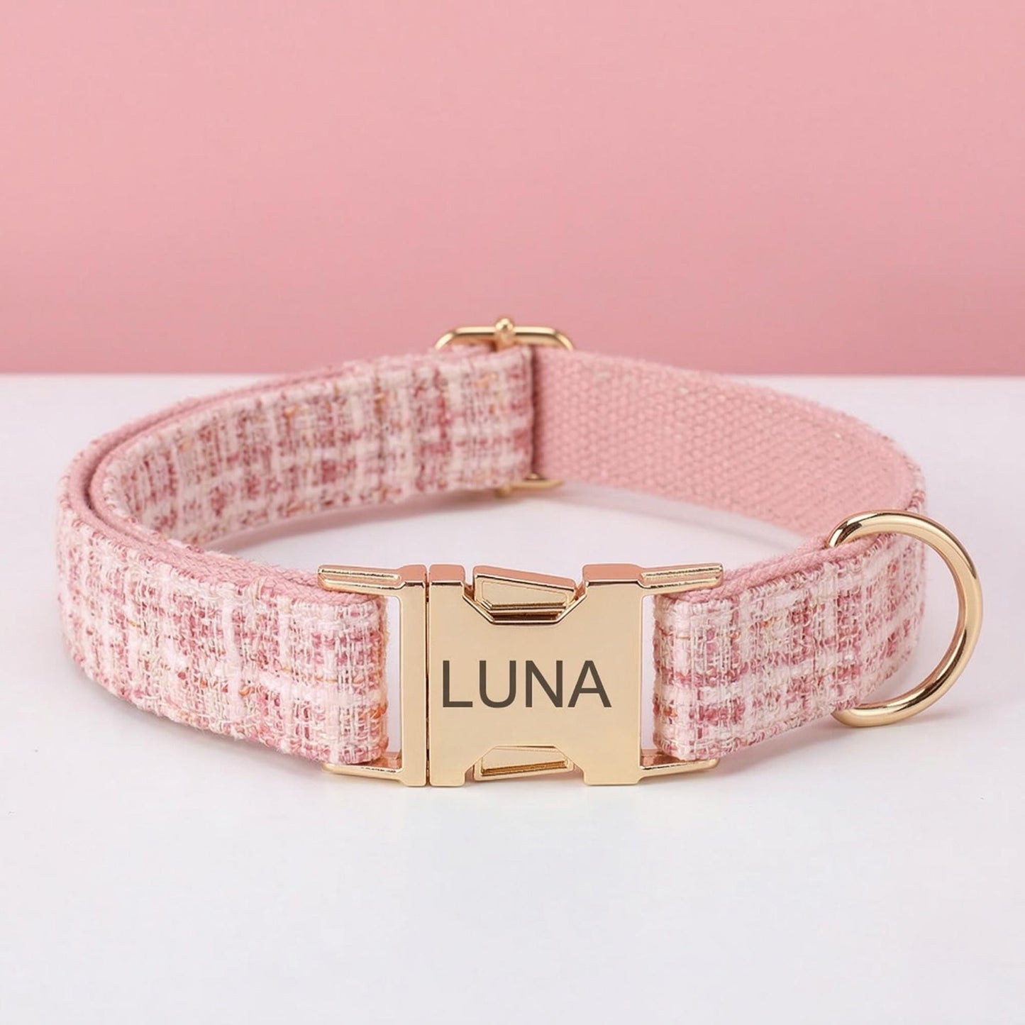 Personalized Tweed Bow Dog Collar with Name, Pink | Purple | Black | White Bouclé Puppy Collar with Gold Buckle, Cute Girl Dog Collar