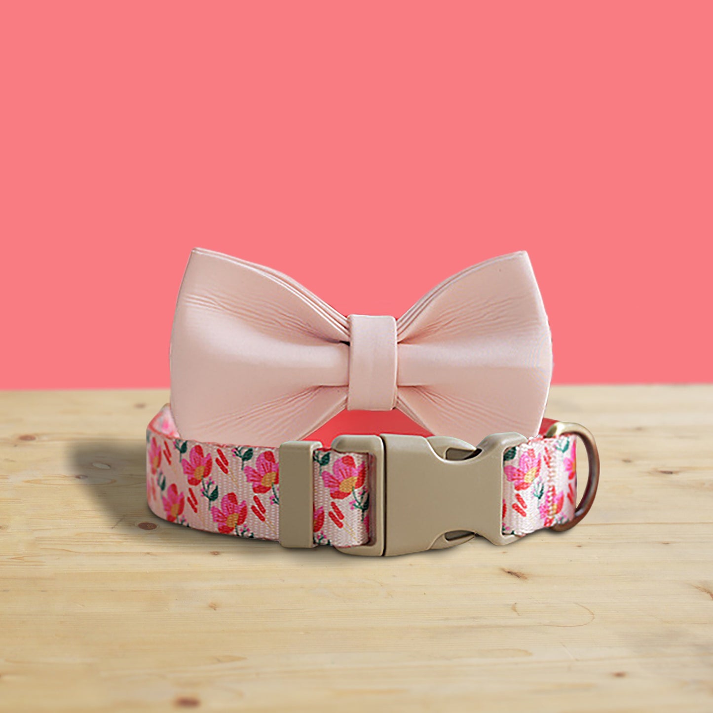Pink Rose Floral Dog Collar and Leash Set with Bowtie, Personalized Name Buckle
