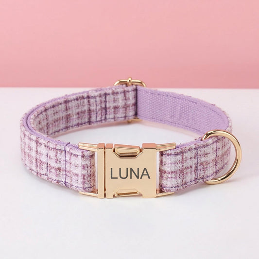 Personalized Tweed Dog Collar, Custom Engraved Gold Buckle Pet Accessory