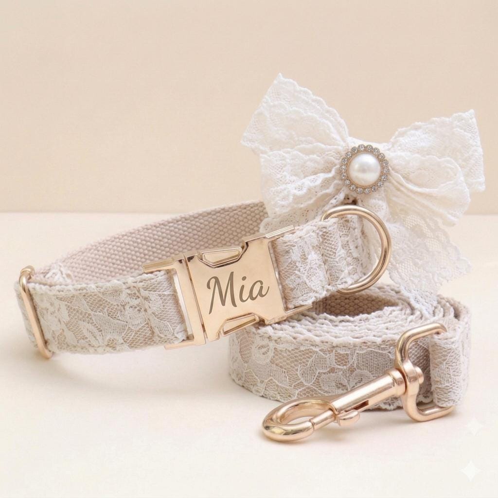 Custom Lace Dog Collar | Wedding Pet Accessory | Beige Nylon | Small to Large
