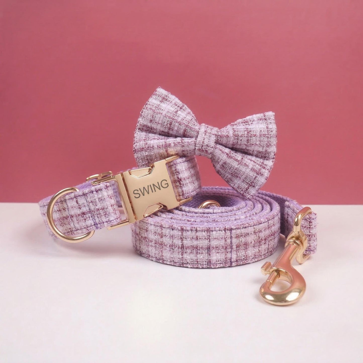Personalized Black Bouclé Tweed Dog Collar, Custom Engraved Gold Buckle Pet Accessory