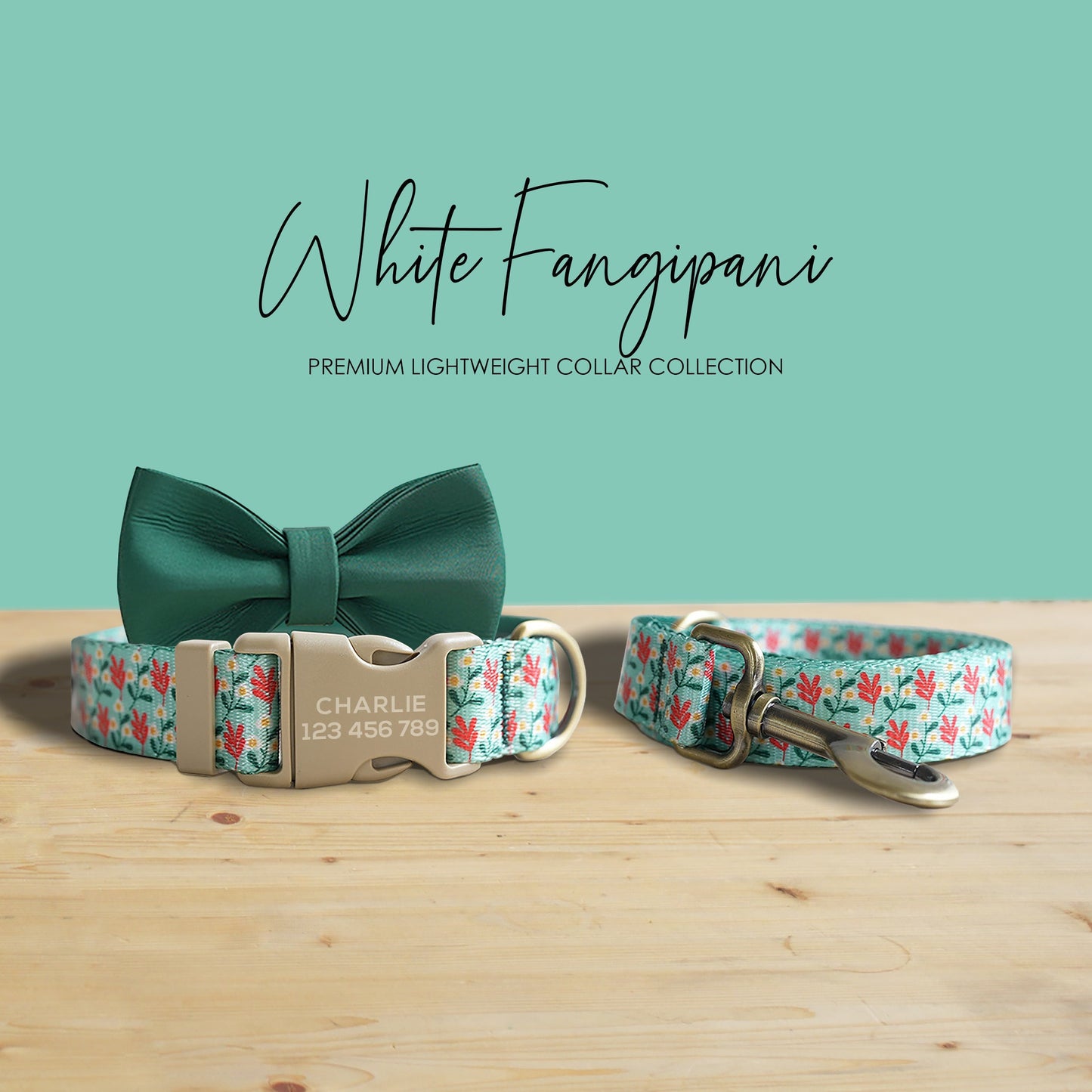 White Fangipani Dog Collar and Leash Set, Personalized Engraved Buckle, Nylon Fabric Handmade Accessory