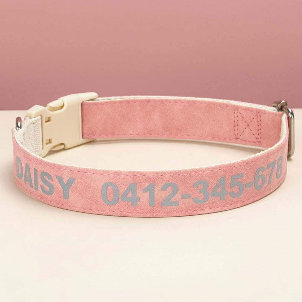 Reflective Custom Dog Collar | PU Leather Nylon | Personalized Pet Name ID
