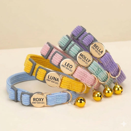 Custom Breakaway Safety Buckle, Personalized Corduroy Multi Solid Color Cat Collar with Bell, Adjustable