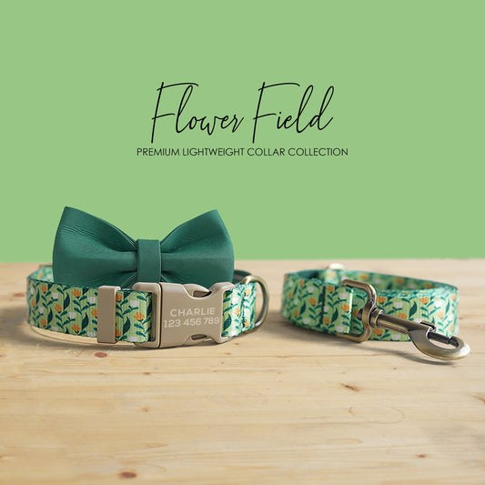 Flower Field Dog Collar, Personalized Nylon Leash, Engraved Name Buckle, Handmade Pet Accessory