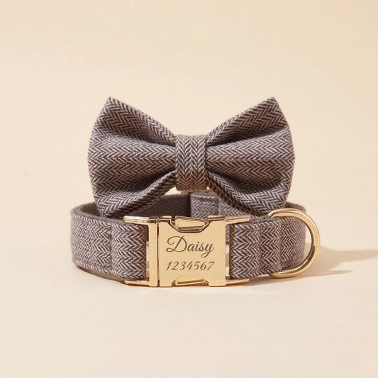Personalized Tweed Dog Collar, Custom Engraved Pet Collar, Gold Buckle Set