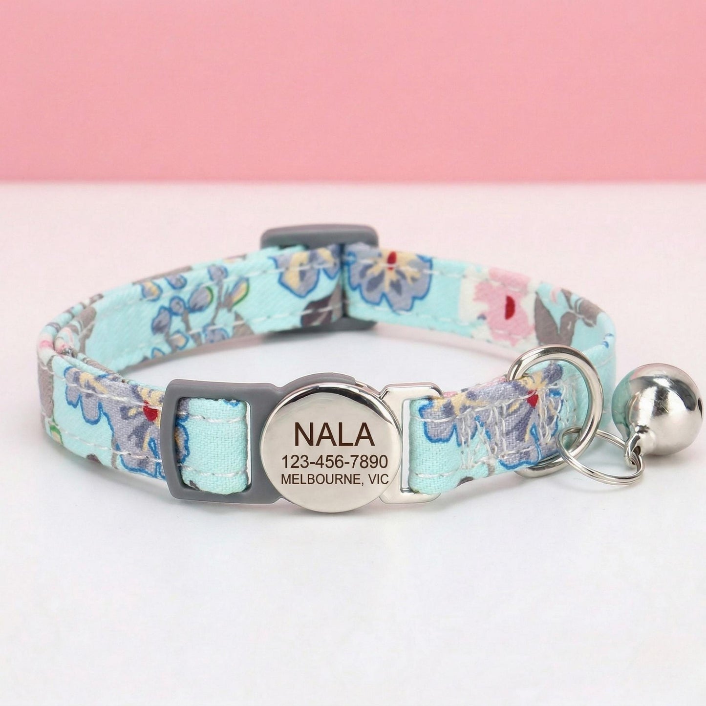Personalized Floral Cat Collar, Engraved ID Tag, Breakaway Buckle, Adjustable Kitten Collar