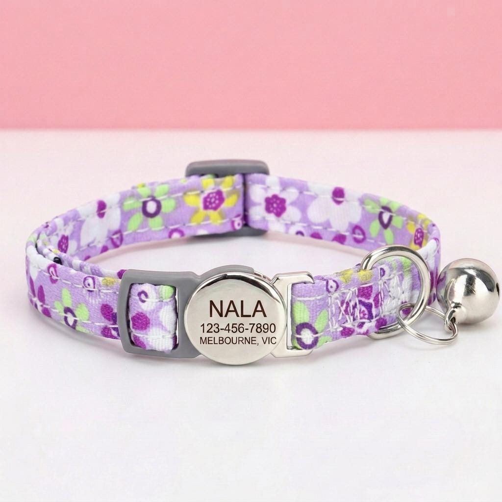 Personalized Floral Cat Collar, Engraved ID Tag, Breakaway Buckle, Adjustable Kitten Collar