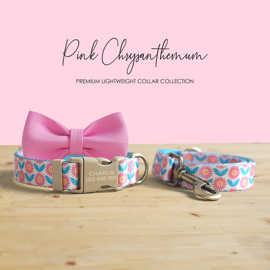 Pink Chrysanthemum Dog Collar and Leash Set, Personalized Engraved Buckle